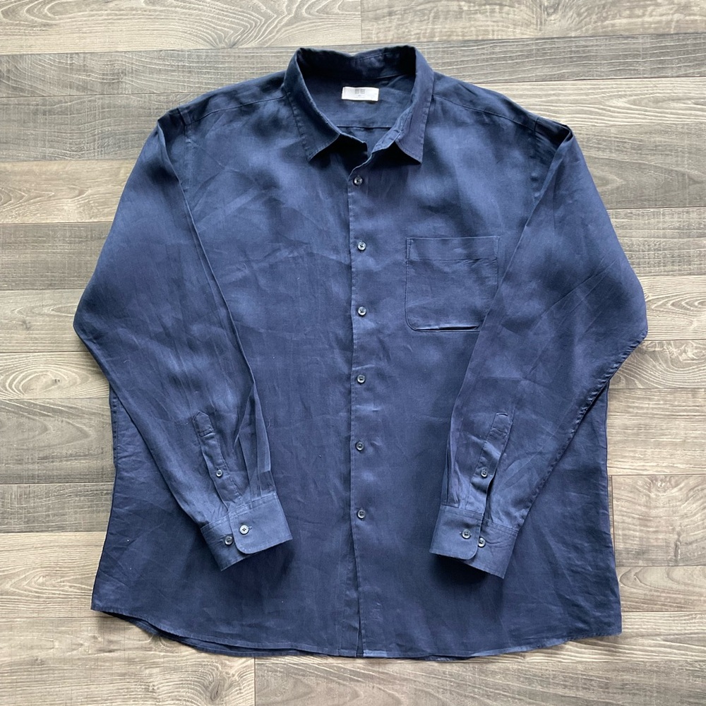 UNIQLO 100% Linen Long Sleeve Button-Up Shirt Men’s 3XL Navy Blue Lightweight